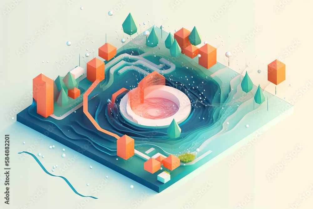 Poster A Computer Generated Image Of A Water Source Surrounded By Trees And Buildings River Delta Environmental Art Motion Graphics