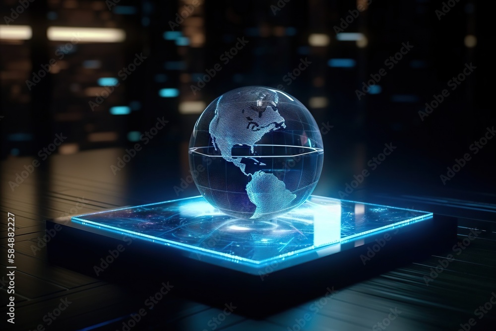 Poster a glass globe sitting on top of a tablet computer screen in a dark room deep sea trench animation su