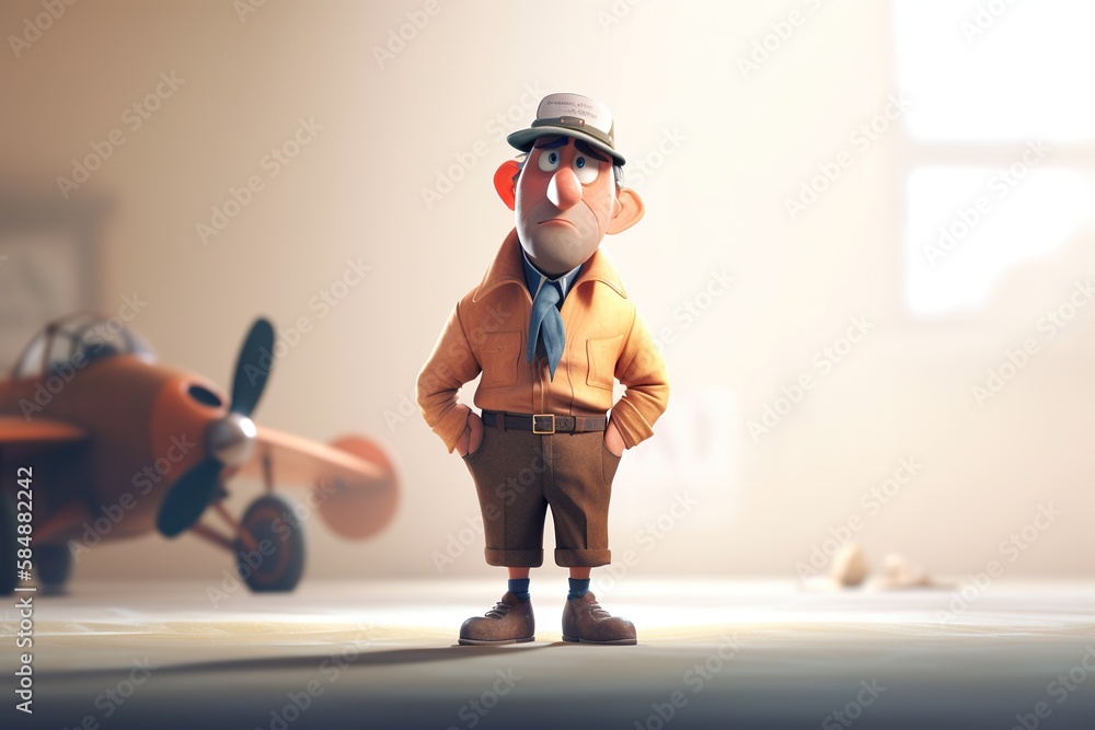 Aufkleber a cartoon character standing in front of a plane with a hat on tundra animation animation filmmaking