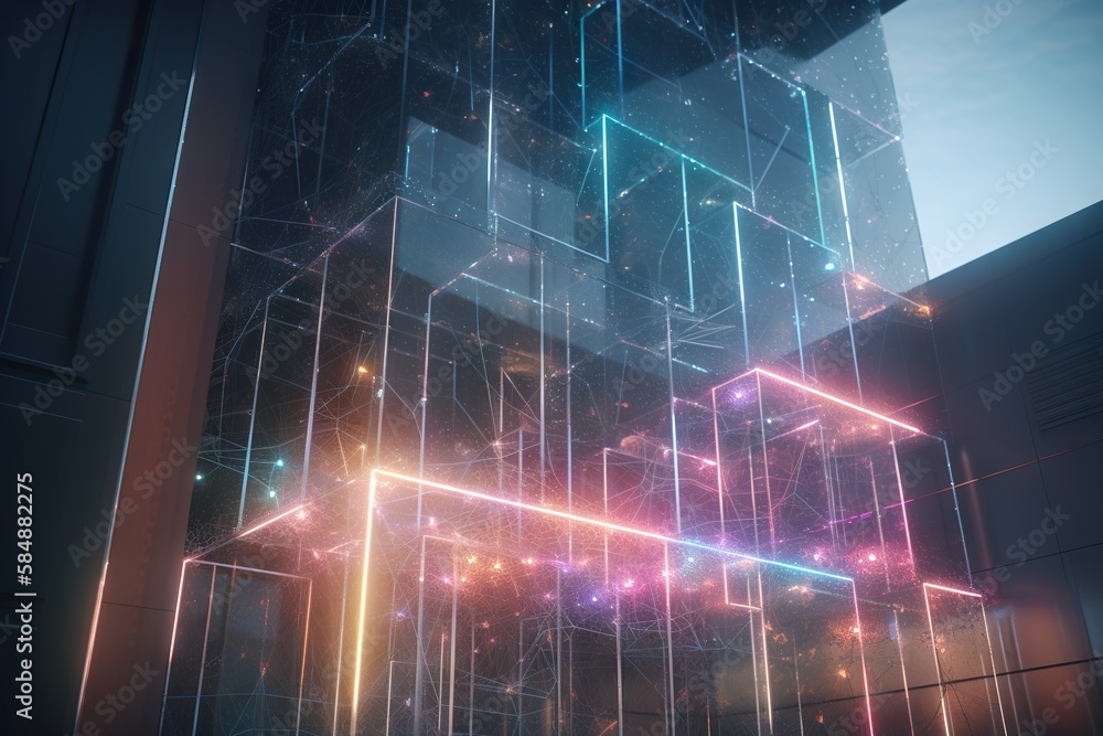 Poster a futuristic building with a lot of neon lights in it's windows warehouse constructivism motion grap