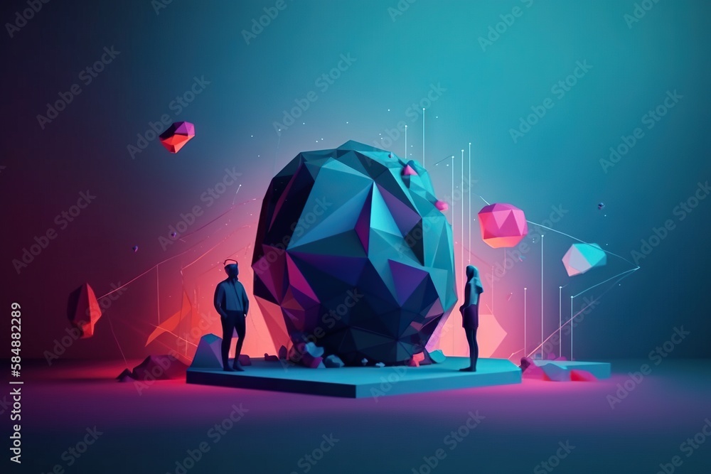 Poster a group of people standing aroun d a large rock in the middle of a room lunar landscape animation mo