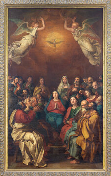 GENOVA, ITALY - MARCH 6, 2023: The painting of Pentecost in the church Chiesa di Santa Caterina by roman school (17. cent.).