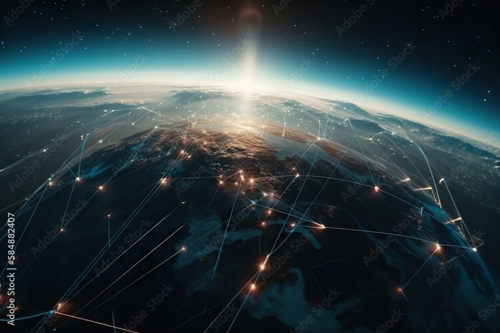 Poster a view of the earth from space with lines of lights in the foreground deep sea trench panoramic phot