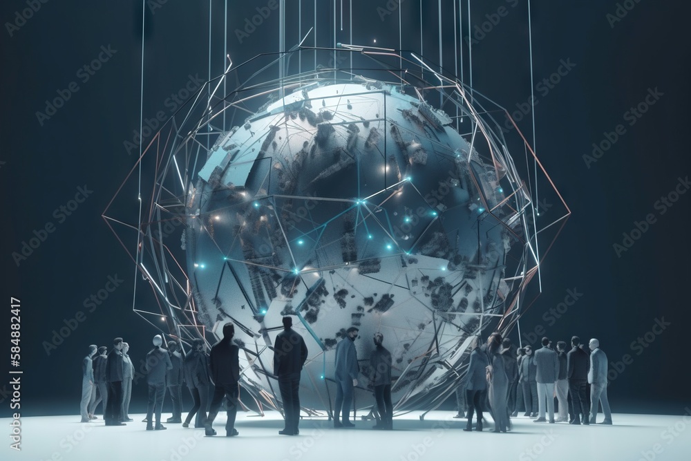 Poster a group of people standing around a large metal object with a wire structure science museum panorami