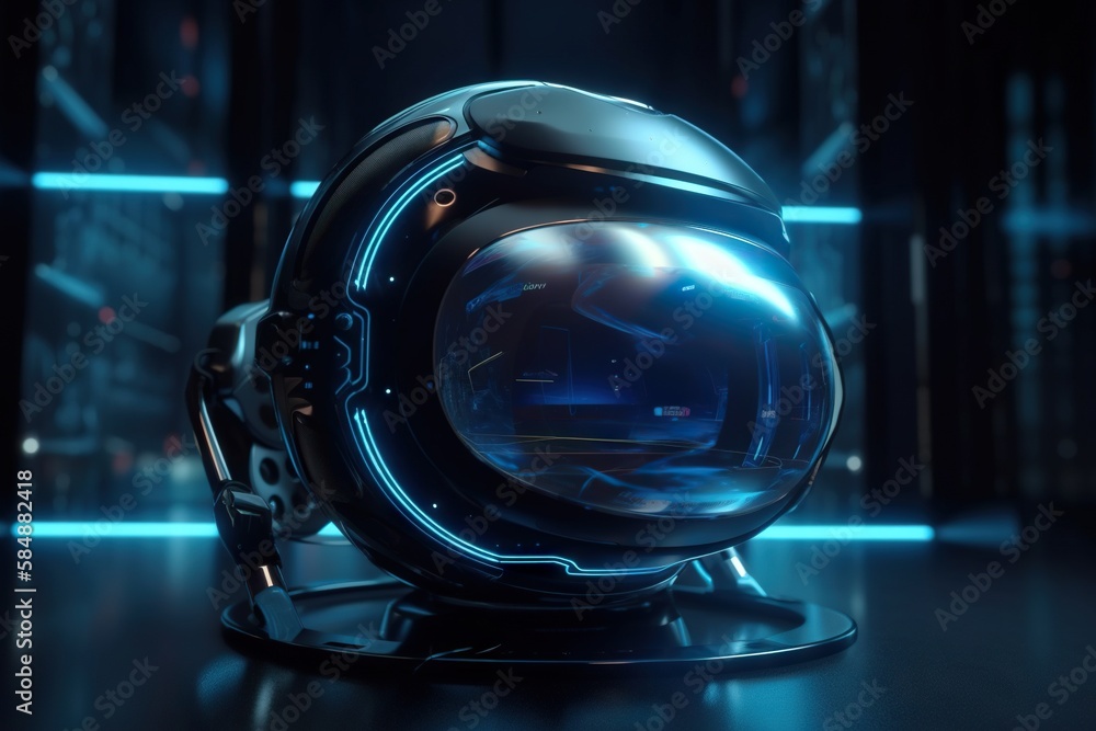 Poster a futuristic looking object with a blue light in the middle of it lunar landscape animation motion g