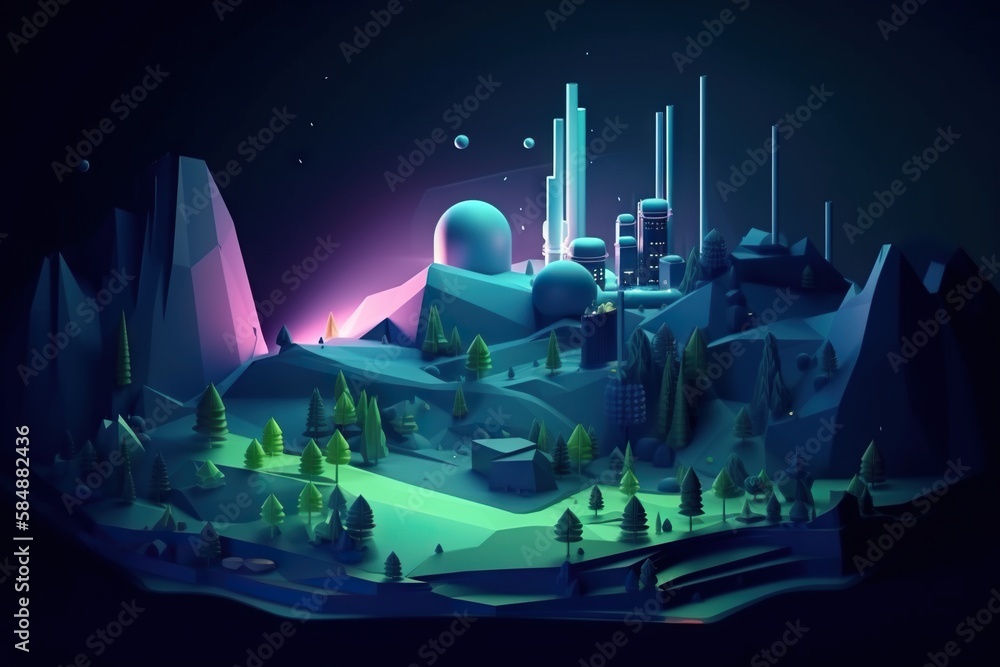 Poster a futuristic city with a futuristic landscape in the background with a futuristic building and trees