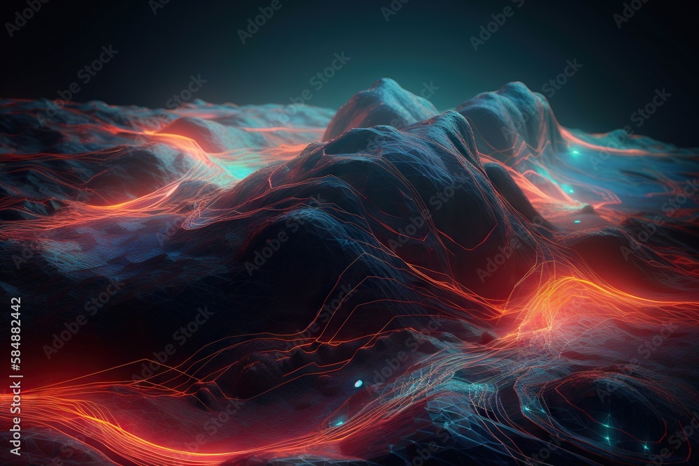 Poster a computer generated image of a mountain in the sky with a red light lunar landscape animation motio