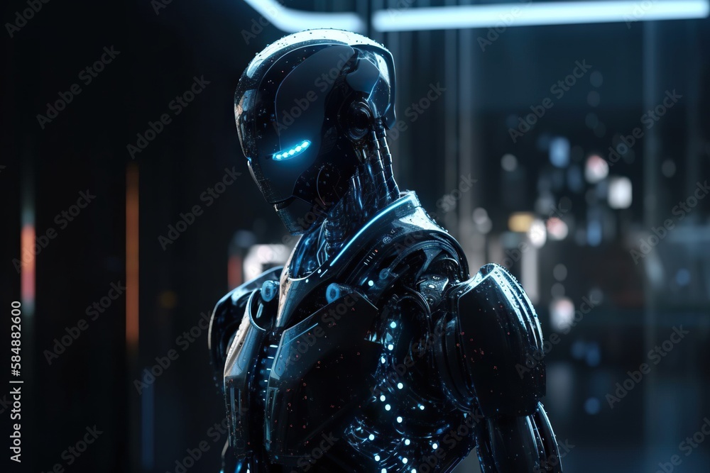 Poster a robot in a futuristic suit in a dark room with lights arcade animation robotics engineering