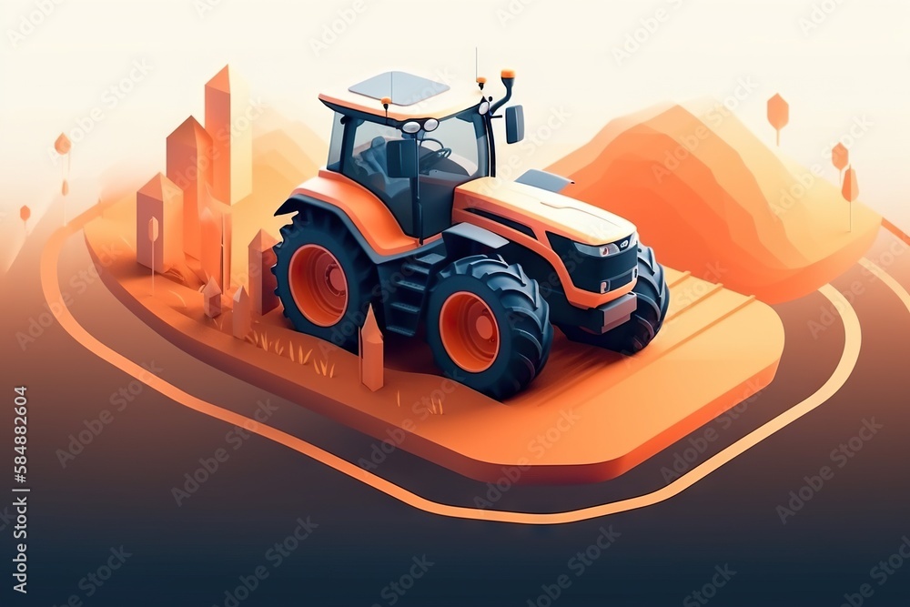 Poster a tractor is driving on a flat surface with a mountain in the background farm animation agriculture 