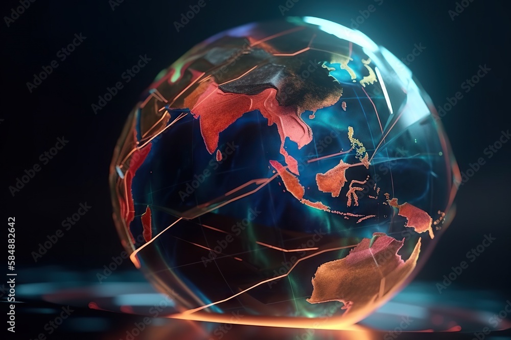 Poster a glass globe with a map of the world inside it on a table deep sea trench animation motion graphics