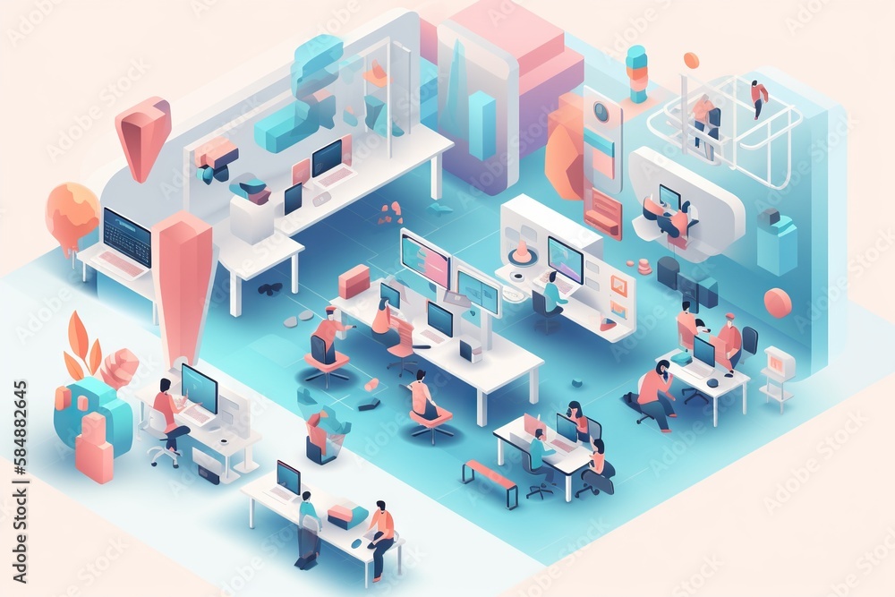 Poster a group of people working on computers in a room with a blue and pink color scheme factory graphic d