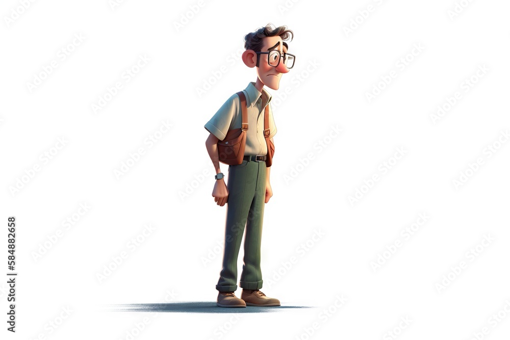Poster a man with glasses and a backpack standing in front of a white background canyon animation animation