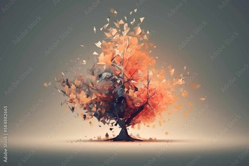 Poster a tree with many leaves blowing in the wind on a gray background autumn forest environmental art nat
