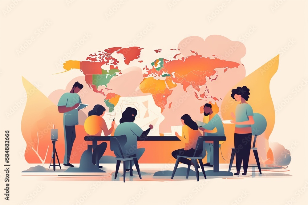 Poster a group of people sitting around a table with a map on it workshop graphic design infographic design