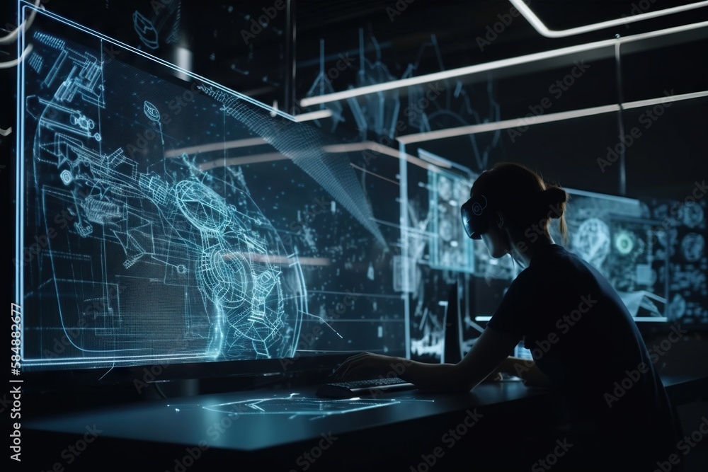 Poster a man sitting at a desk in front of a computer screen workshop animation virtual reality