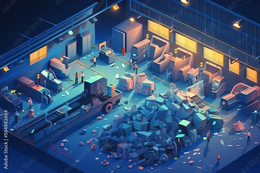 Poster a large pile of rocks in a room with a man standing next to it factory animation manufacturing