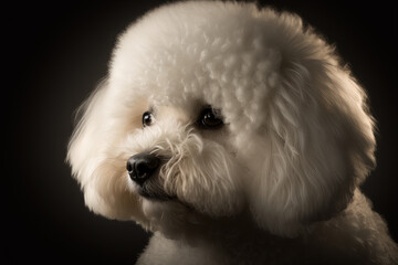 Generative AI. Portrait of a Bichon Frise dog in close-up on a dark background.