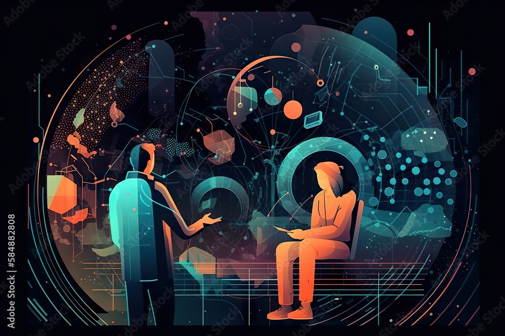 Poster a man and a woman are talking in a futuristic setting with a digital background conference room grap