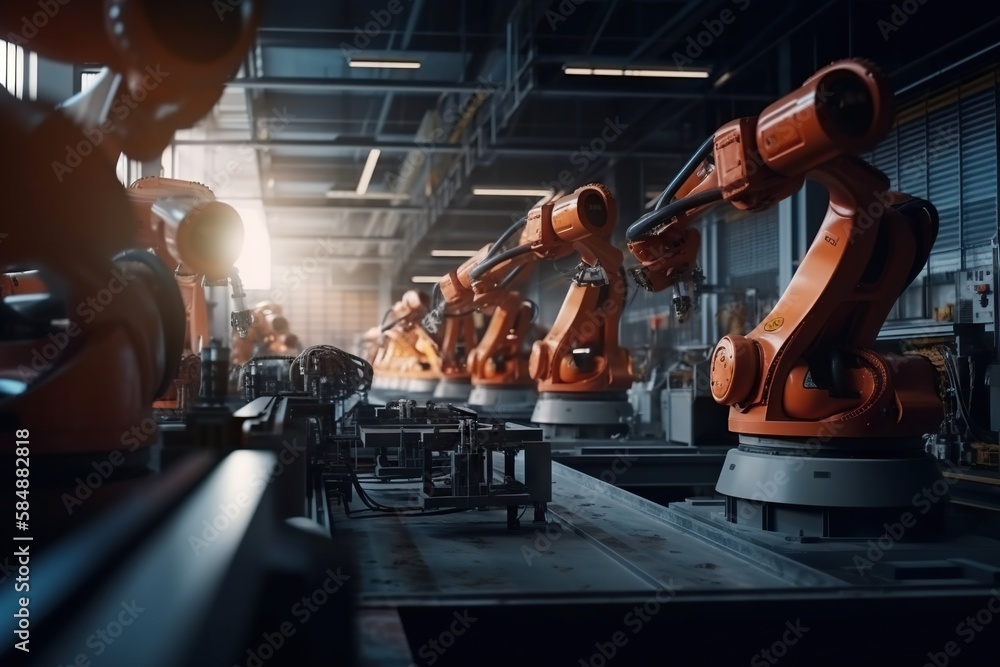 Poster a factory with robots working on a piece of machinery in the background factory animation manufactur
