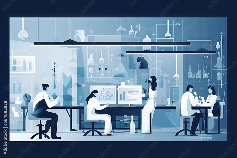 Poster a group of people sitting at a table in a lab with a microscope factory advertising photography manu