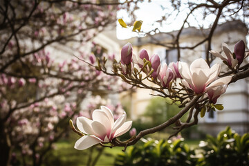 Magnolia tree with stunning pink flowers in the garden of a house. AI generated content