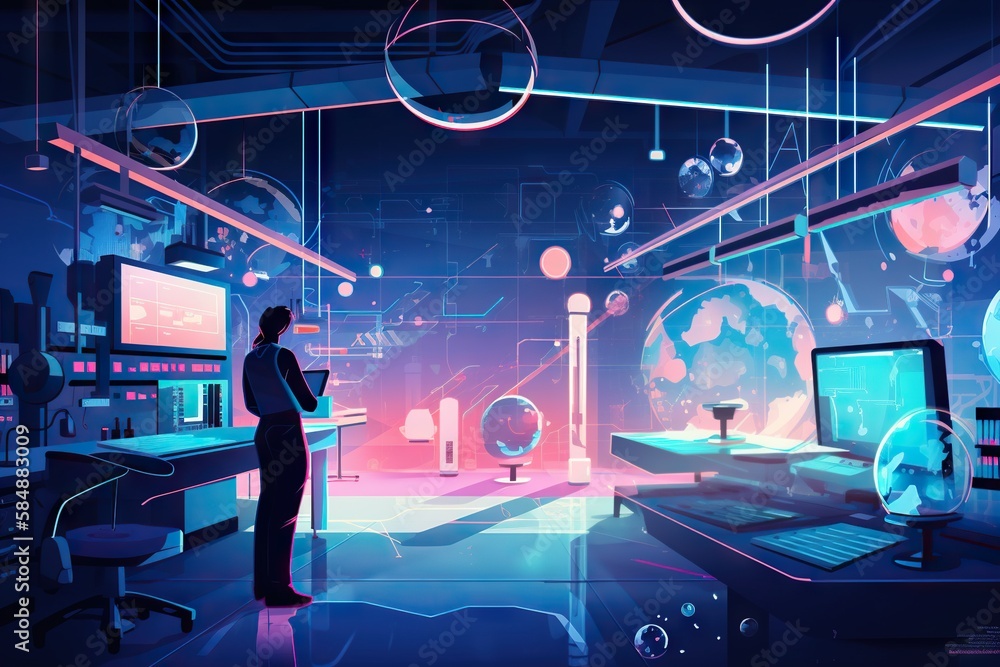 Poster a woman standing in a room with a computer and a laptop aquarium animation computer graphics generat