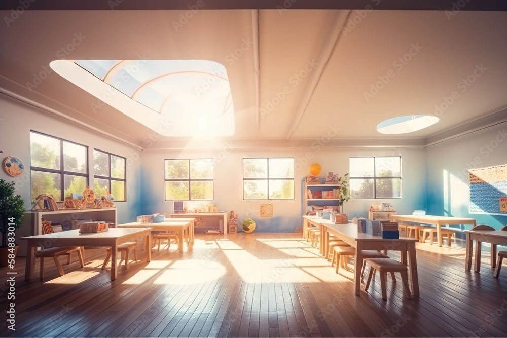 Poster a room with a lot of tables and chairs in it and a skylight classroom panoramic photography heating 
