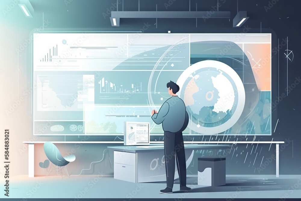 Poster a man standing in front of a large screen with a map workshop animation supply chain optimization
