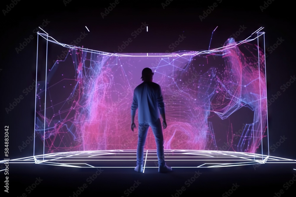 Poster a man standing in front of a neon display of lines and shapes conference room video art motion graph