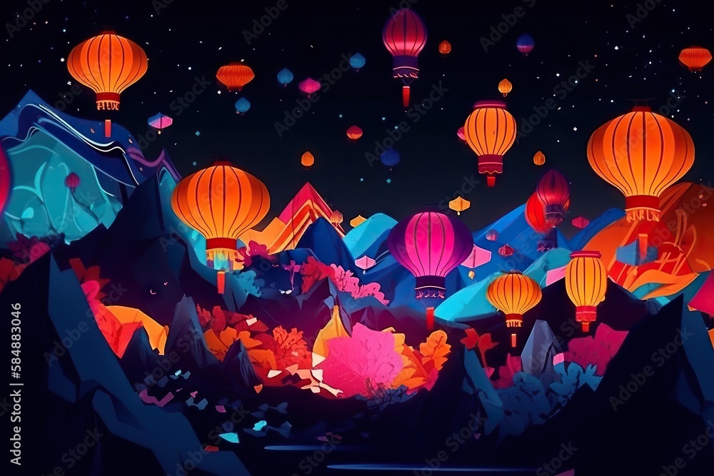 Poster a night scene with many lanterns flying over mountains and trees in the sky lunar landscape animatio