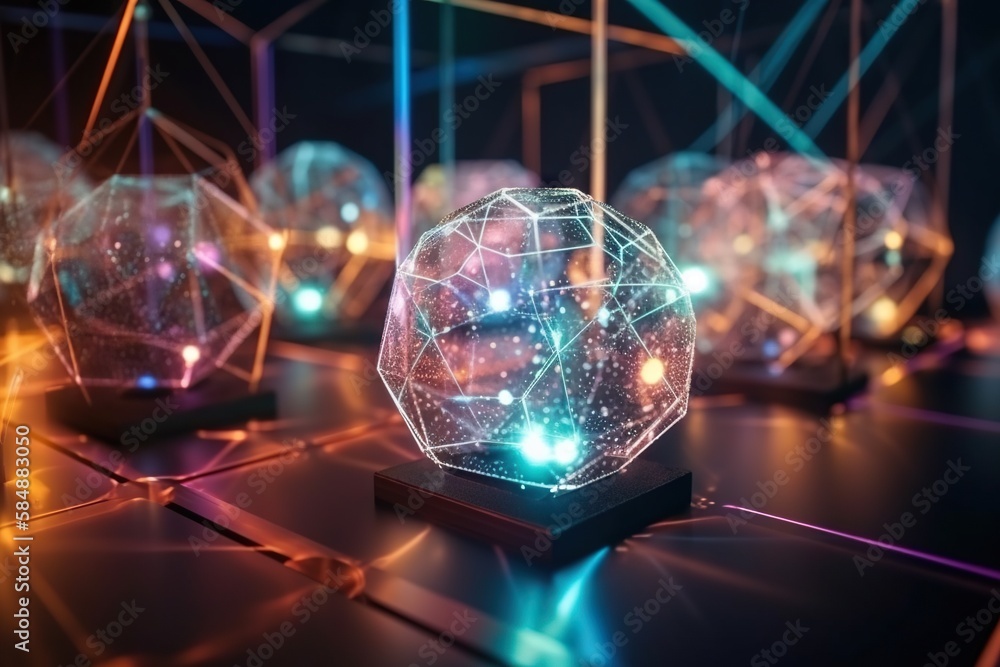 Poster a group of glowing balls on a table with lights in the background workshop video art supply chain op