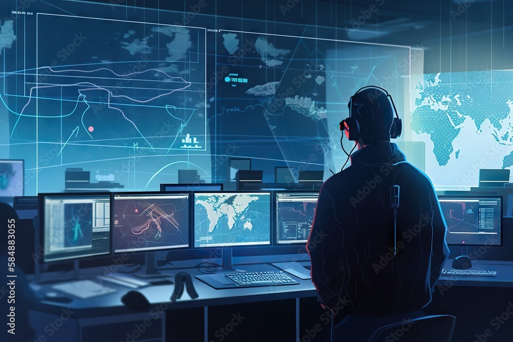 Poster a man wearing a headset is looking at multiple monitors in a dark room conference room animation cyb