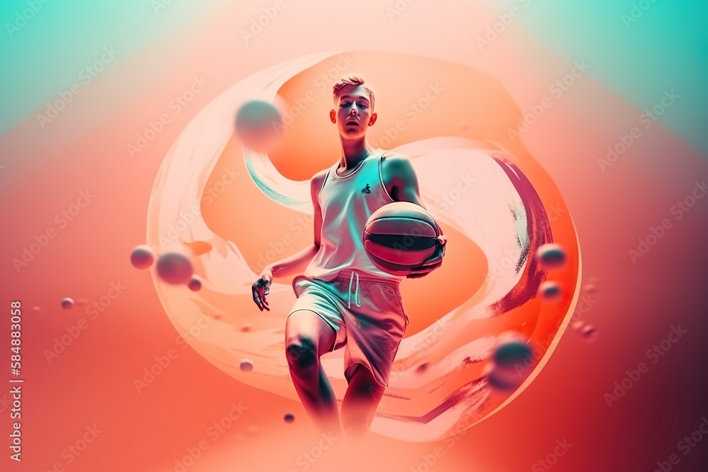 Poster a man is playing basketball in a digital painting style with a bright background sports bar color fi