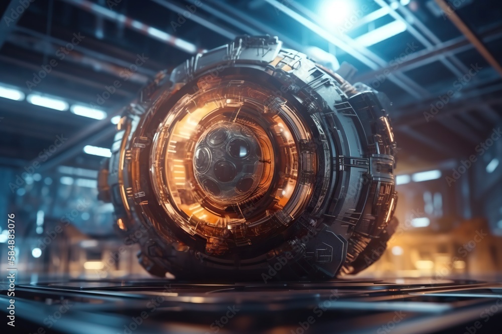 Poster a futuristic looking object with a bright light in the middle of it industrial port animation motion