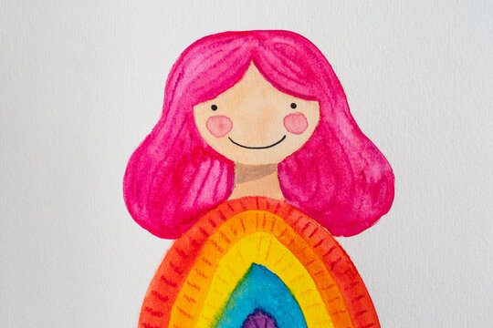 Happy girl with rainbow dress watercolor