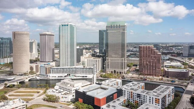 Aerial hyperlapse of Tampa, Florida skyline. Tampa is a city on the Gulf Coast of the U.S. state of Florida.