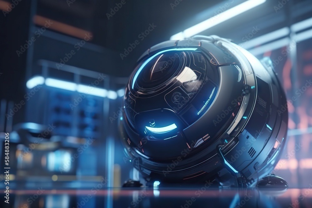 Poster a futuristic looking robot with a glowing light on its face and head gas station animation motion gr