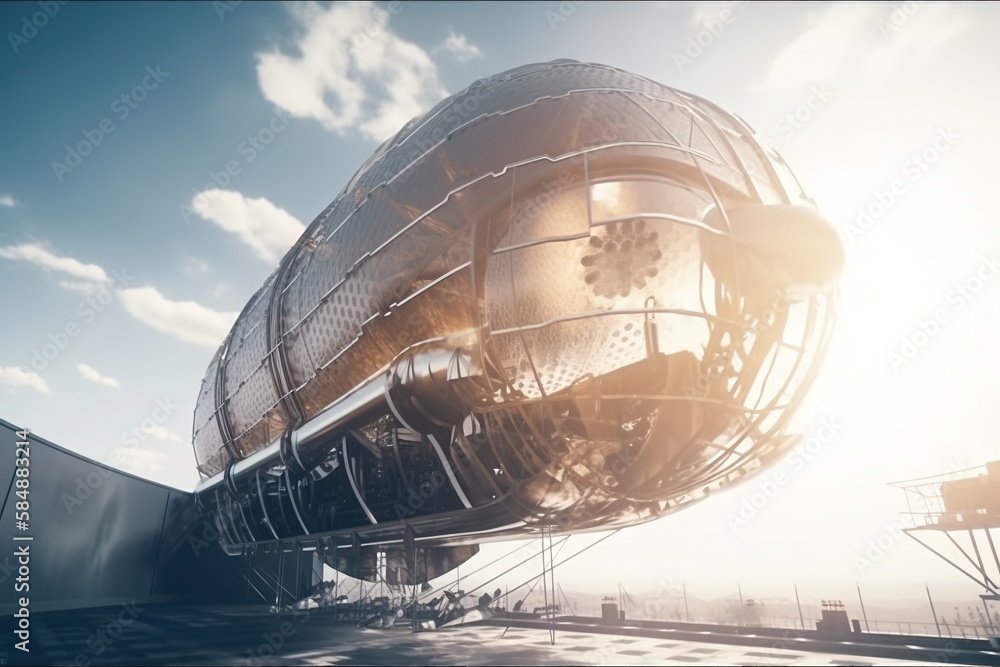 Poster a large metal object sitting on top of a roof next to a sky grain silo animation motion graphics gen