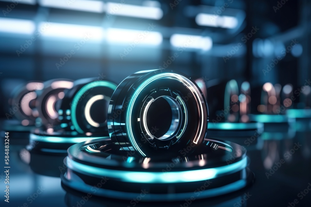 Poster a group of shiny metal objects on a table in a room factory animation robotics engineering generativ