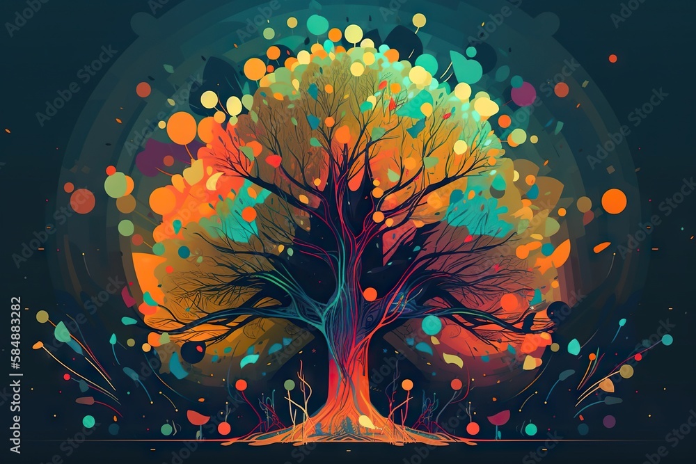 Poster a colorful tree with lots of leaves and a moon in the background orchard environmental art print des