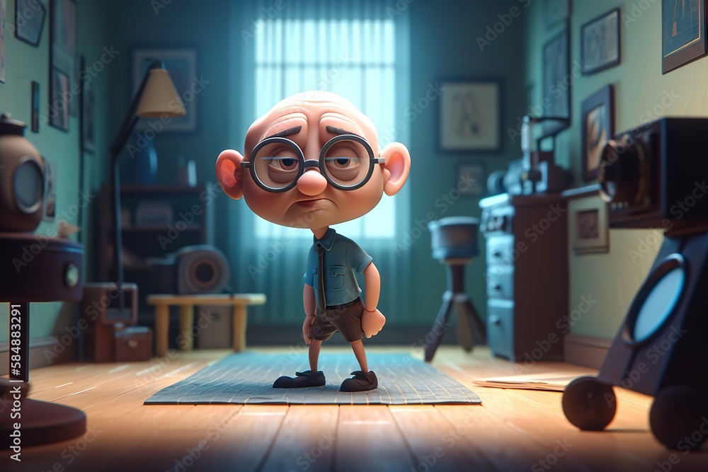 Poster a cartoon character standing in a room with a rug on the floor suburban cul-de-sac animation animati