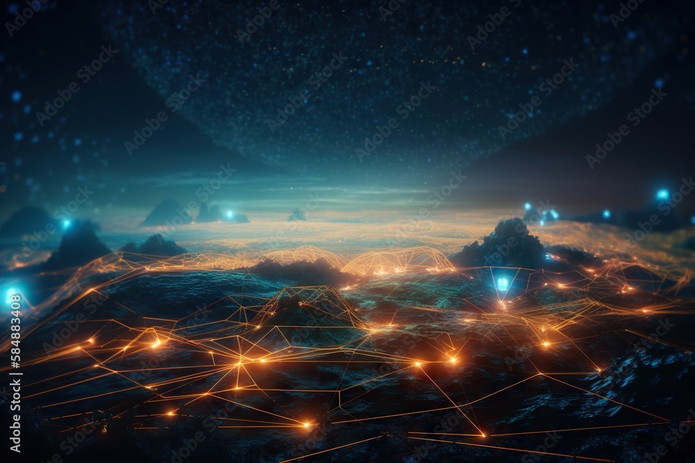 Poster a computer generated image of a mountain with lights in the sky lunar landscape animation motion gra