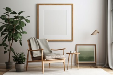 Fototapeta premium Warm toned frame mockup with armchair and simple adornment. Generative AI