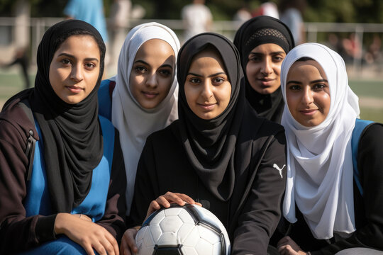 Empowered muslim women looking at camera holding a soccer ball. Inclusion sport concept. Generative AI.