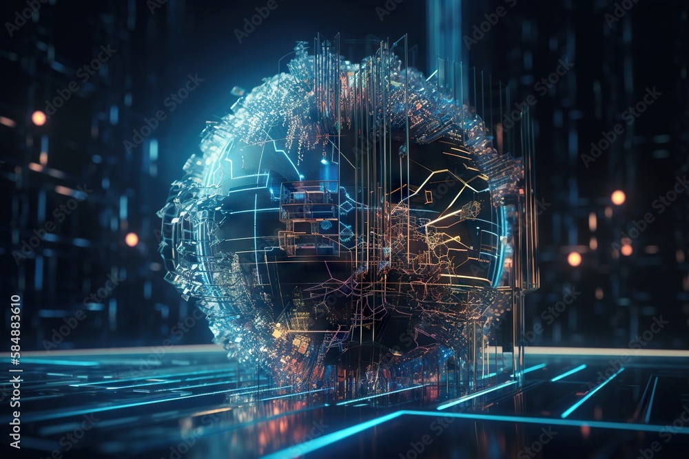 Poster a futuristic sphere with a city in the background and a blue light factory animation motion graphics