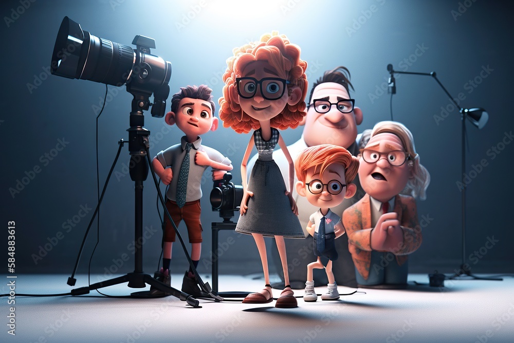 Poster a group of cartoon characters standing in front of a camera and a light movie theater animation anim