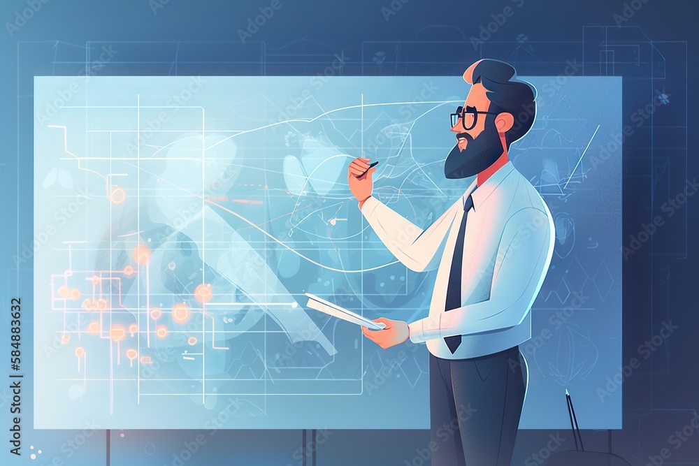 Aufkleber a man in a tie is pointing to a screen with a diagram on it workshop animation hr analytics