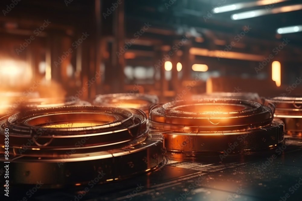 Poster a group of metal plates sitting on top of a table in a factory factory animation motion graphics gen