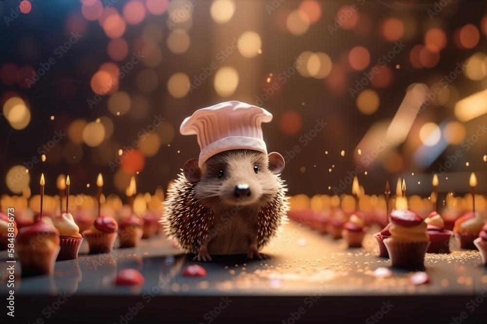 Poster a hedgehog with a chef hat on is surrounded by cupcakes savanna animation animation filmmaking gener