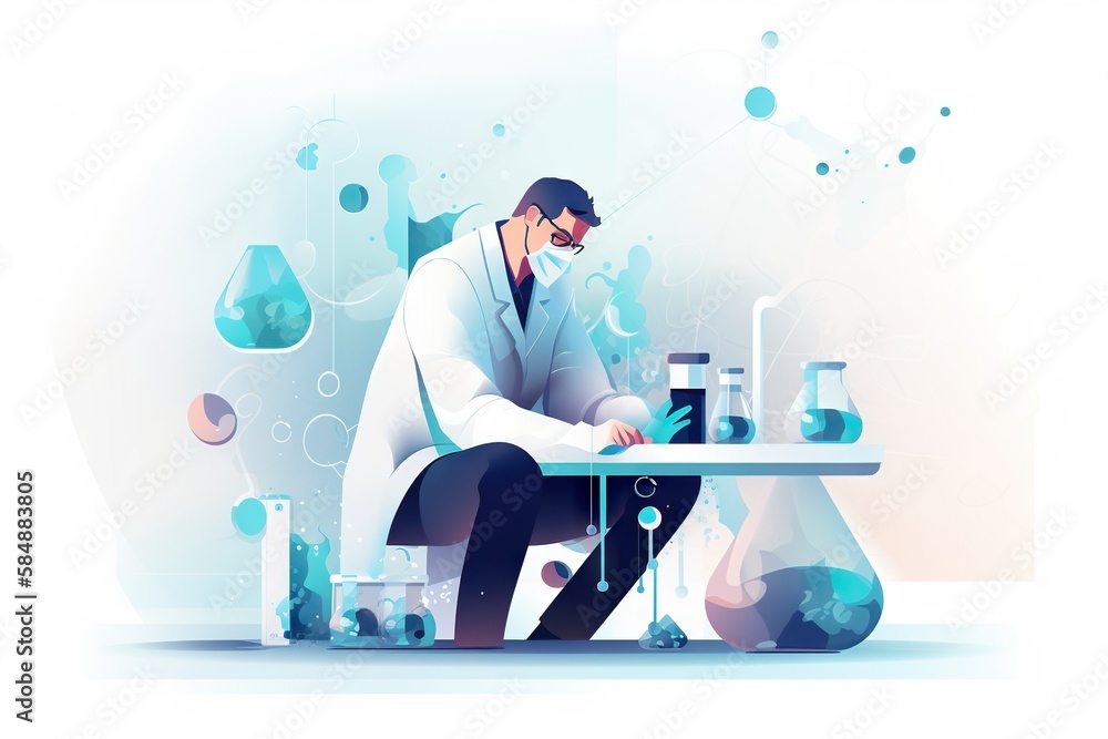 Poster a man in a lab coat is working on a table with a beakle workshop graphic design science writing